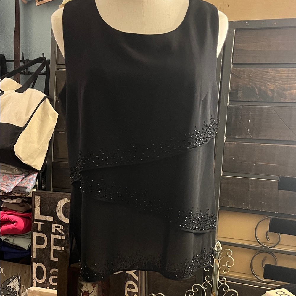 R & M Richards Black Layered Blouse with Beaded Accents